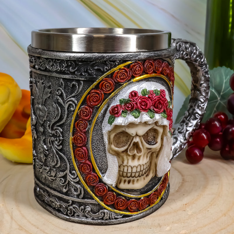 Ebros Love Never Dies Bride & Groom Skulls W/ Rose Wreaths Scroll 2-Sided Mug