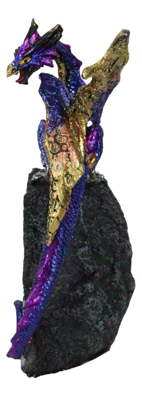 Azure Blue Iridescent Dragon On Faux Geode Rock Quartz Crystal Cove Figurine 5"H