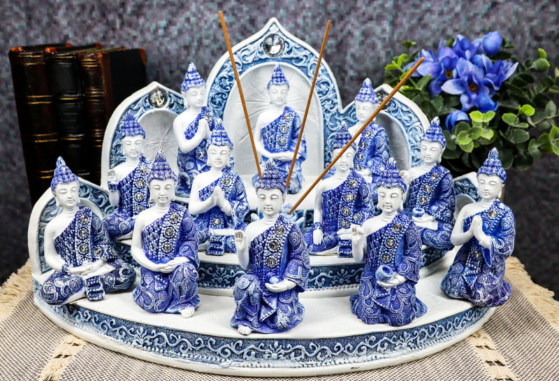 Blue Tibetan Buddhism Altar Incense Holder Display With 12 Mini Buddhas Set