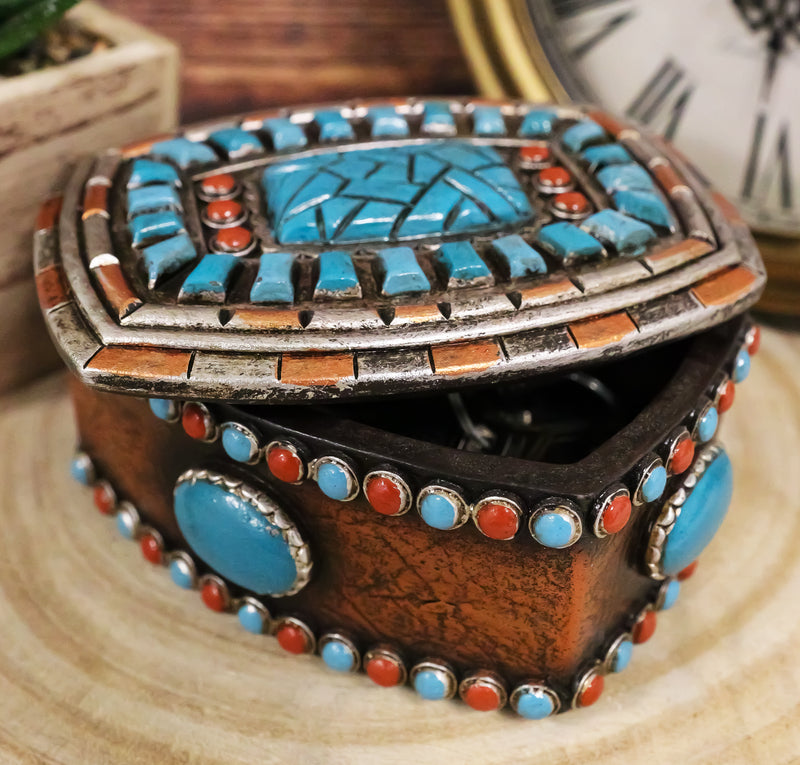 Southwest Boho Chic Navajo Vector Motif Turquoise Gems Decorative Jewelry Box