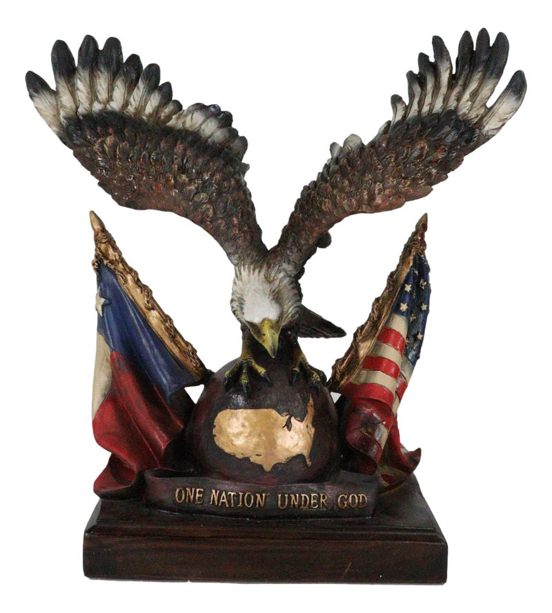 Bald Eagle On Globe With Texas & American Flags Figurine One Nation Under God