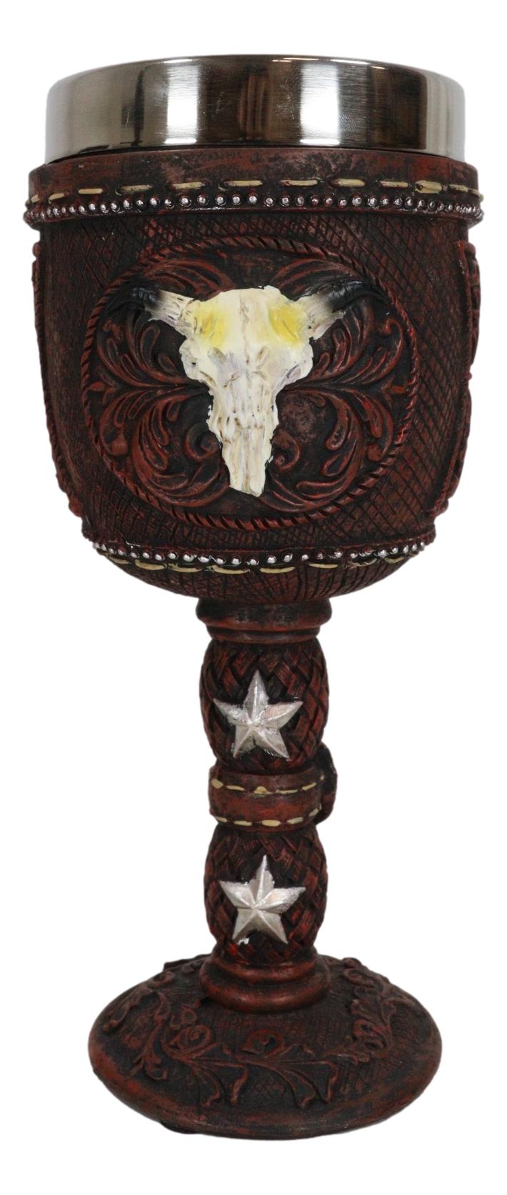 Western Cow Skull Western Stars Floral Scroll Faux Tooled Leather Wine Goblet