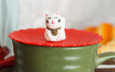 Set Of 4 Red Maneki Neko Cat Reusable Silicone Coffee Cup Cover Lids Air Tight