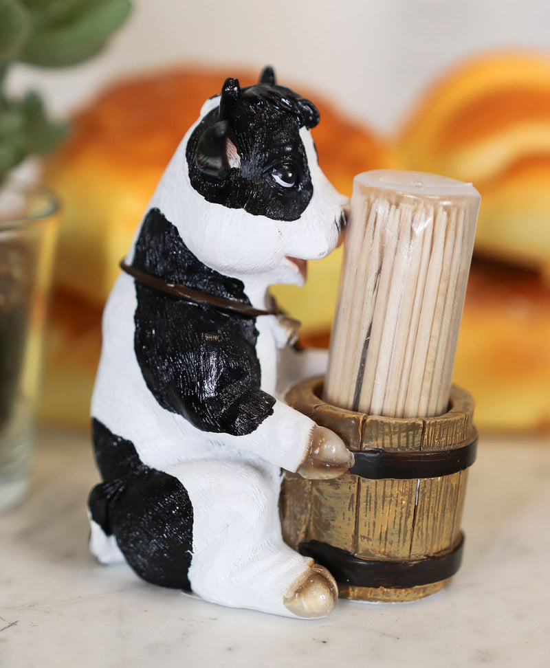 Ebros Farm Bovine Holstein Cow By Wood Barrel Toothpick Holder Statue With Toothpicks