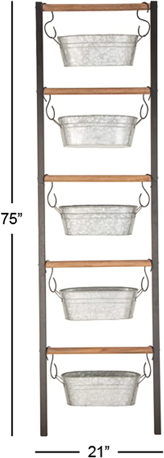 75"H Rustic Galvanized Metal Wood Farmhouse Planter 5 Bucket Tiered Ladder Decor