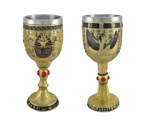 Winged Isis & Pharaoh King Tut Wine Goblets 6 oz. Beverage Chalice Cup Set of 2