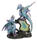 Dueling Dragons Family On Faux Emerald Quartz Geode LED Light Mountain Figurine