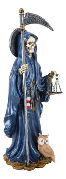 Standing Blue Santa Muerte With Scythe Scales of Justice And Wise Owl Figurine