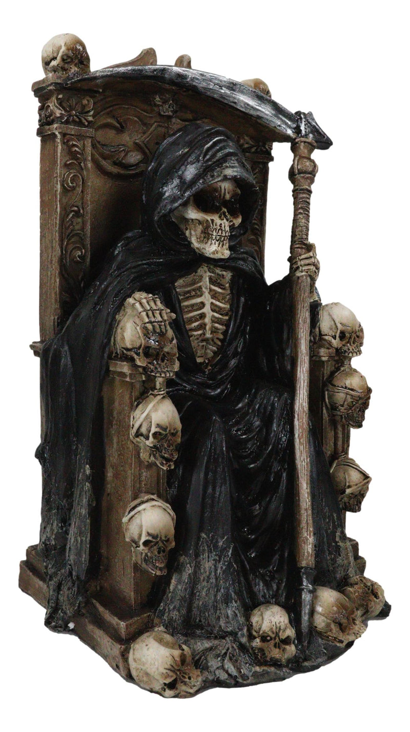 Dark Lord Grim Reaper Skeleton With LED Eyes Seated On Skulls Throne Figurine