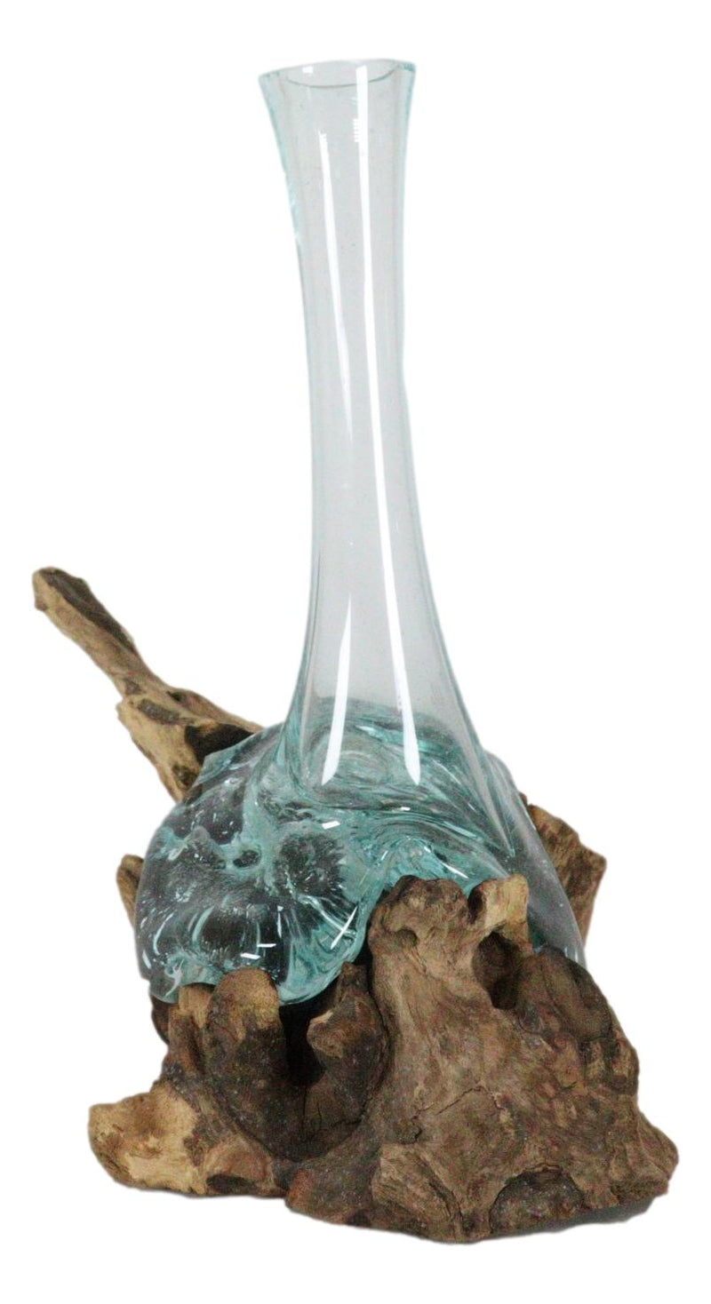 Balinese Natural Driftwood With Fitted Hand Blown Molten Glass Floral Vase Small