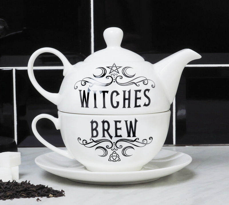 Ebros Pentagram Moons Witches Brew Hex Bone China Stacking Tea Pot Cup And Saucer Set