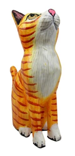 Balinese Wood Handicrafts Striped Yellow Feline Cat Purr Kitten Figurine 8"H