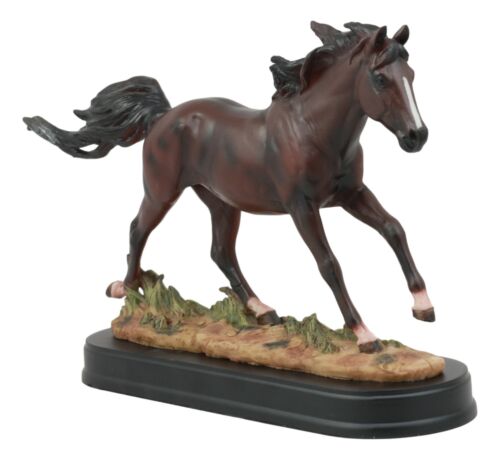 Equestrian Dark Brown Horse Galloping On Wild Pasture Statue With Base 9.25"Long