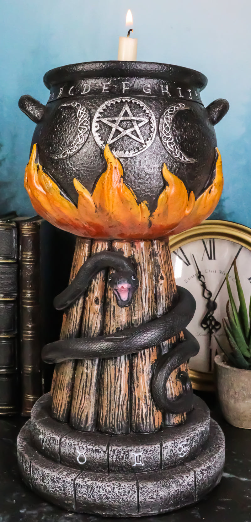 Wicca Triple Moon Witch Cauldron With Snake And Sacred Geometry Candle Holder