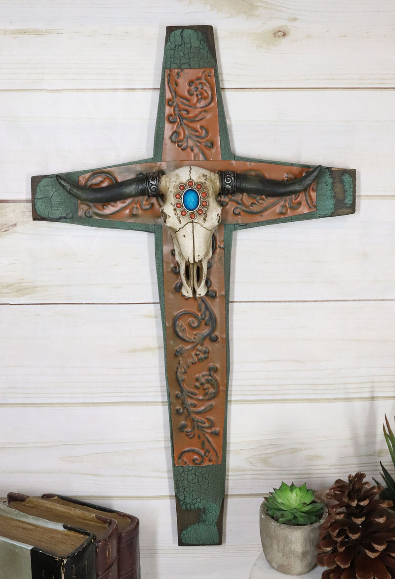 Rustic Western Turquoise Sun Floral Scroll Longhorn Bull Cow Skull Wall Cross