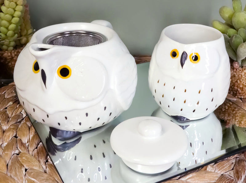 Ebros Whimsical White Fat Snow Owl Ceramic 16oz Tea Pot With 2 Cups Set Owls Decor