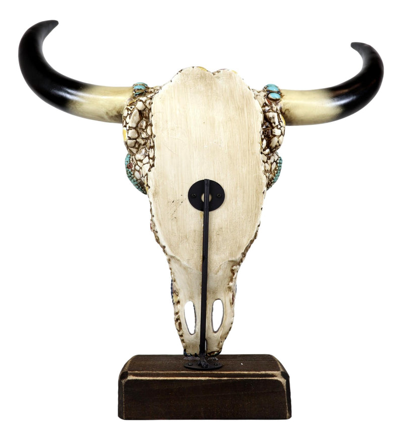 Large Rustic Western Bull Cow Skull With Turquoise Red Rocks Desktop Figurine