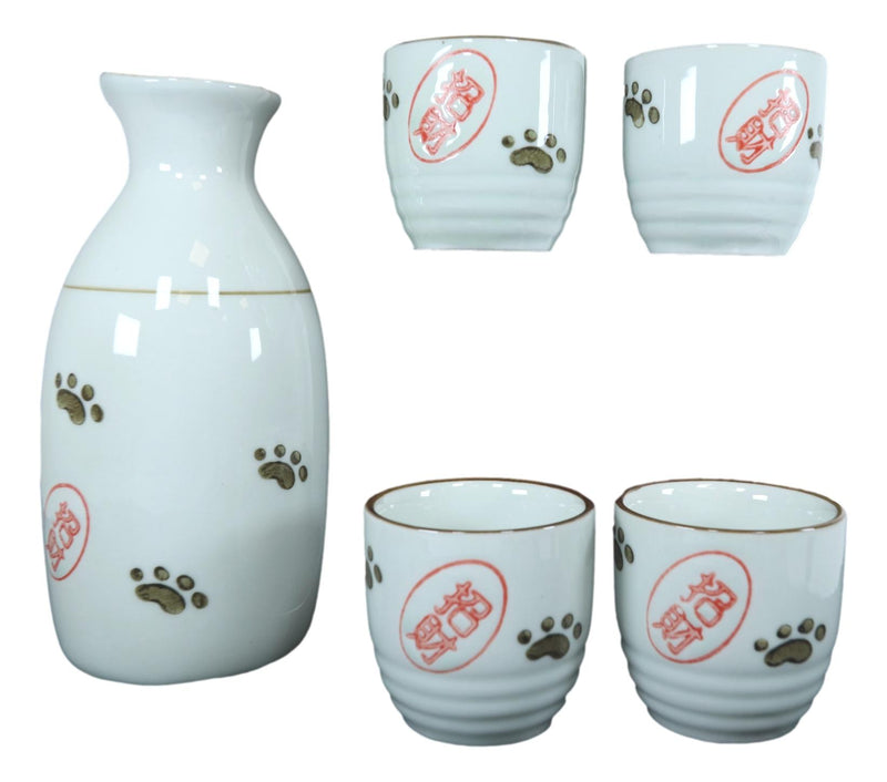 Ebros Japanese Maneki Neko Lucky Charm Cat Ceramic White Sake Set Flask With Four Cups