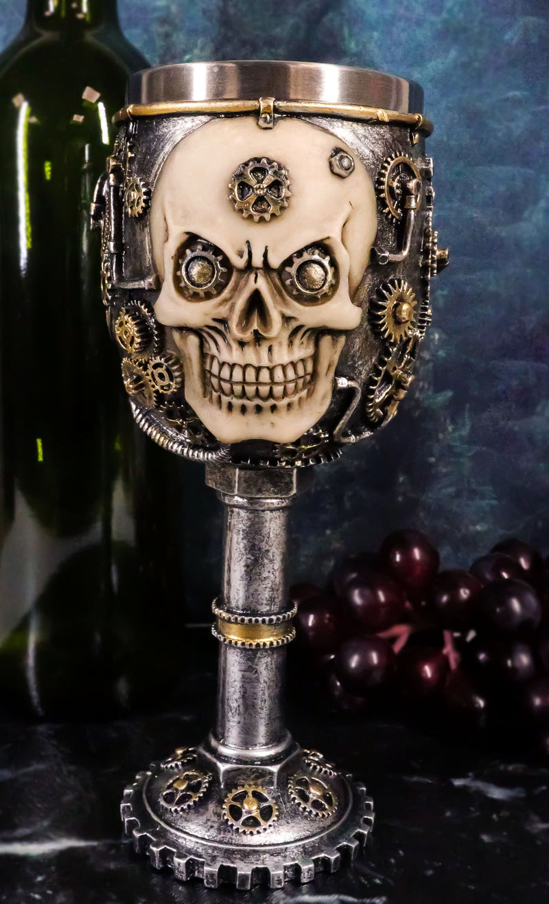 Silver Steampunk Mechanical Gearwork Skull Face Wine Goblet Drink Chalice Cup