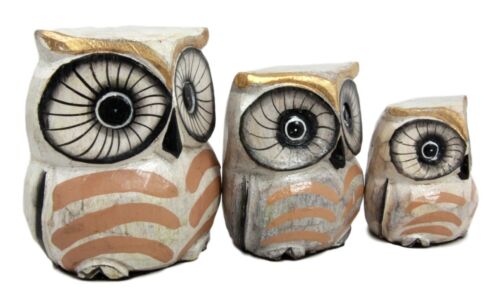 Balinese Wood Handicrafts Golden Night Forest Owl Family Set of 3 Figurines