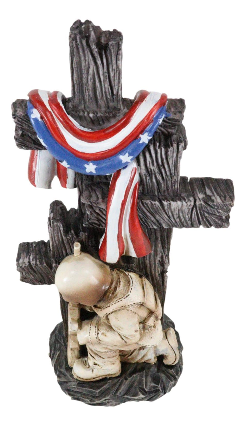 Kneeling Soldier In Prayer By 3 Rugged Crosses American Flag Memorial Figurine