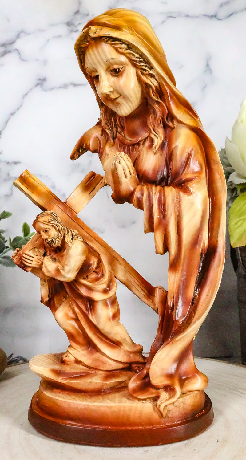 Ebros Dolorosa Mother Mary Praying For Jesus Carrying Cross Woodlike Figurine