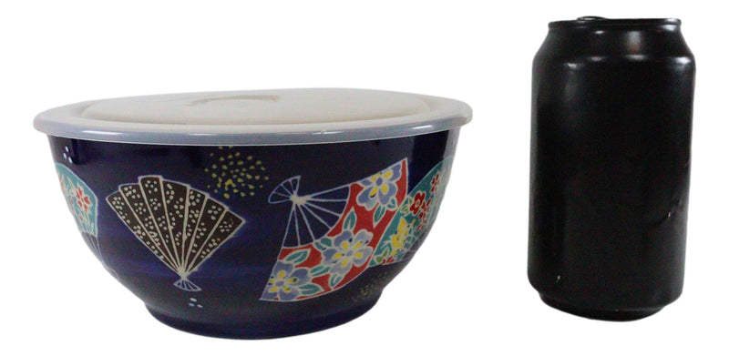 Ebros Set of 2 Ceramic Colorful Oriental Fans Portion Meal Bowls 3 Cups Airtight Lid