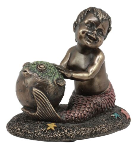 Merbaby Boy Playing With Blowfish And Starfish Figurine 3.75"L Nautical Mermaid