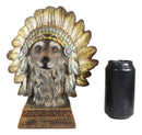 Rustic Western Tribal Indian Warrior Chief Headdress Wolf Figurine With Base