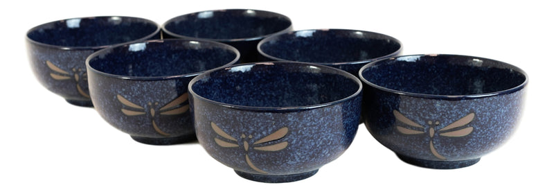 Pack Of 6 Japanese Midnight Blue Dragonfly Rice Soup Dessert Ceramic Bowls 18oz