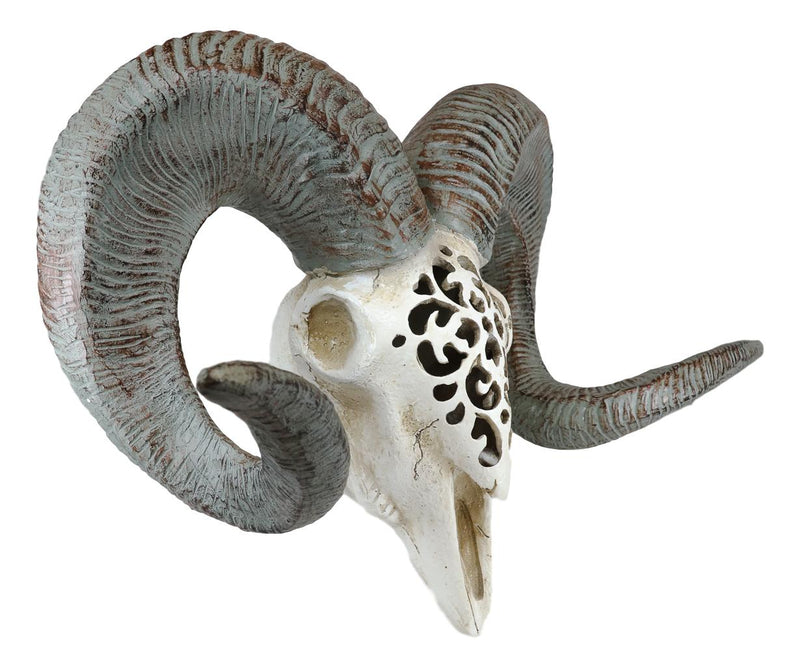 Ebros Rustic Large Bighorn Ram Skull W/ Tooled Filigree Patterns Wall Decor 20" W