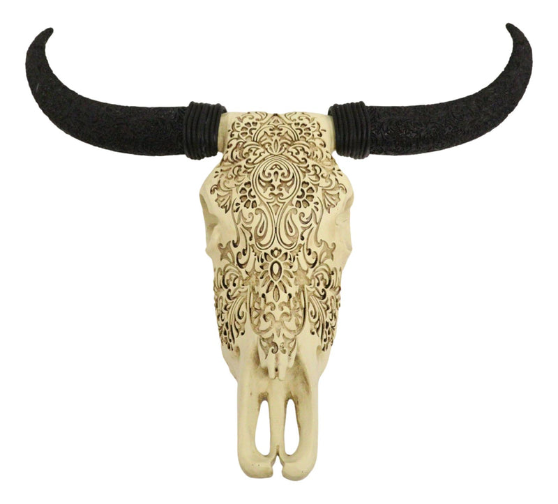 Large Tribal Floral Vines Tooled Filigree Steer Cow Skull Wall Decor Plaque