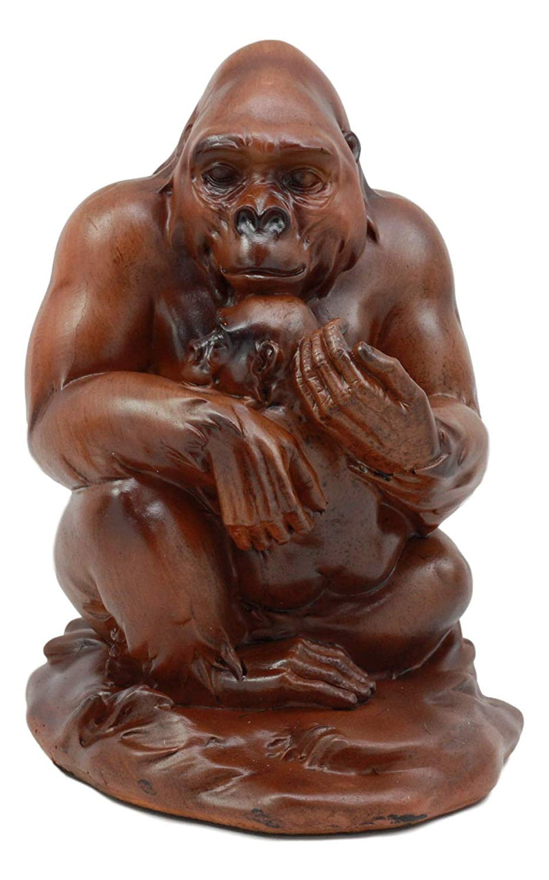 Ebros Jungle Wildlife Female Gorilla with Baby Statue 6.5" Tall Resin in Faux Wood Finish