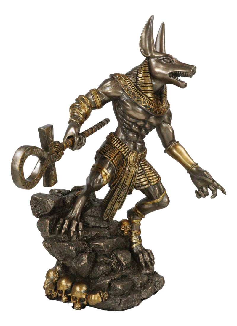 Egyptian Jackal God Anubis With Ankh Spear On Skull Graveyard Bronzed Figurine