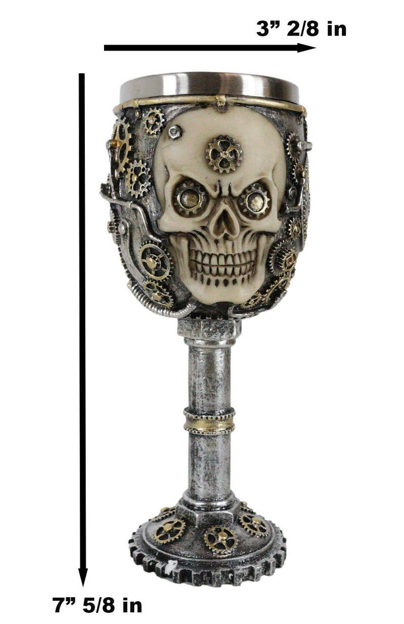 Silver Steampunk Mechanical Gearwork Skull Face Wine Goblet Drink Chalice Cup