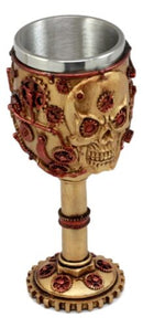 Golden Steampunk Mechanical Gearwork Skull Face Wine Goblet Drink Chalice Cup