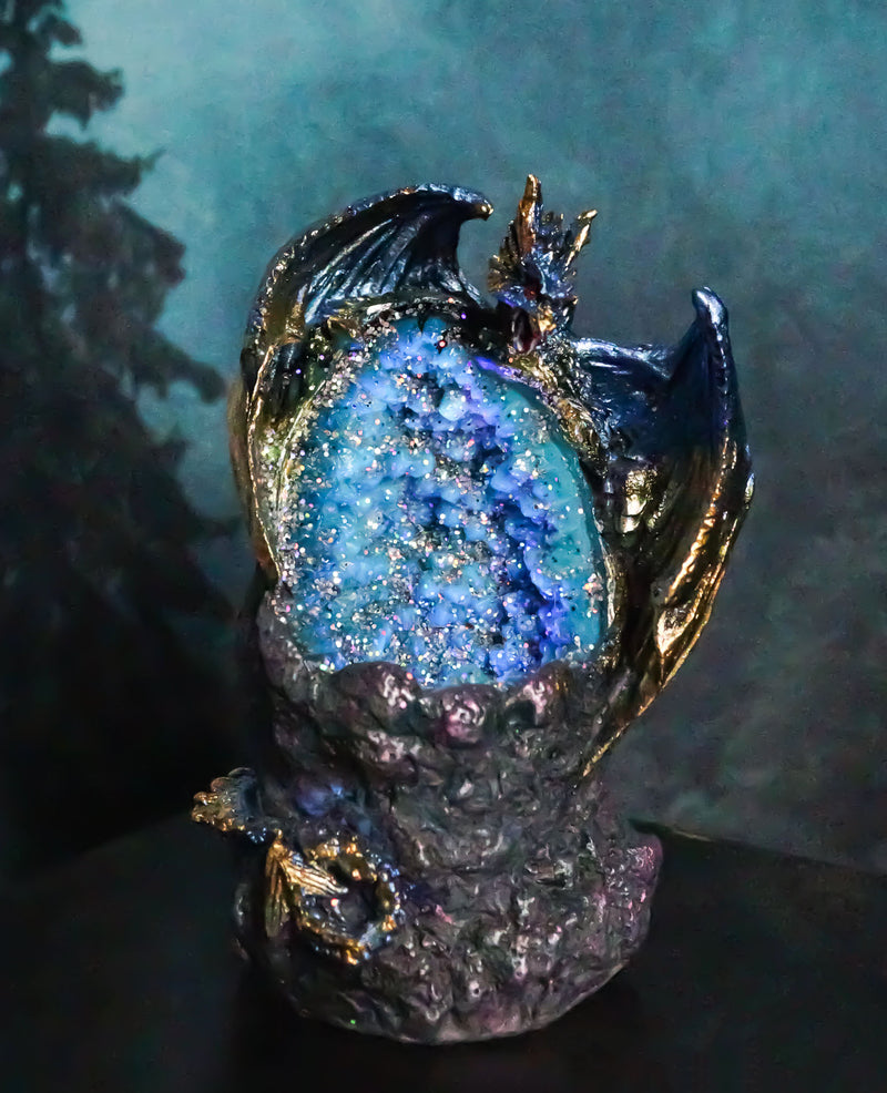 Blue Ice Dragon With Colorful LED Quartz Faux Geode Rock Crystal Cove Figurine