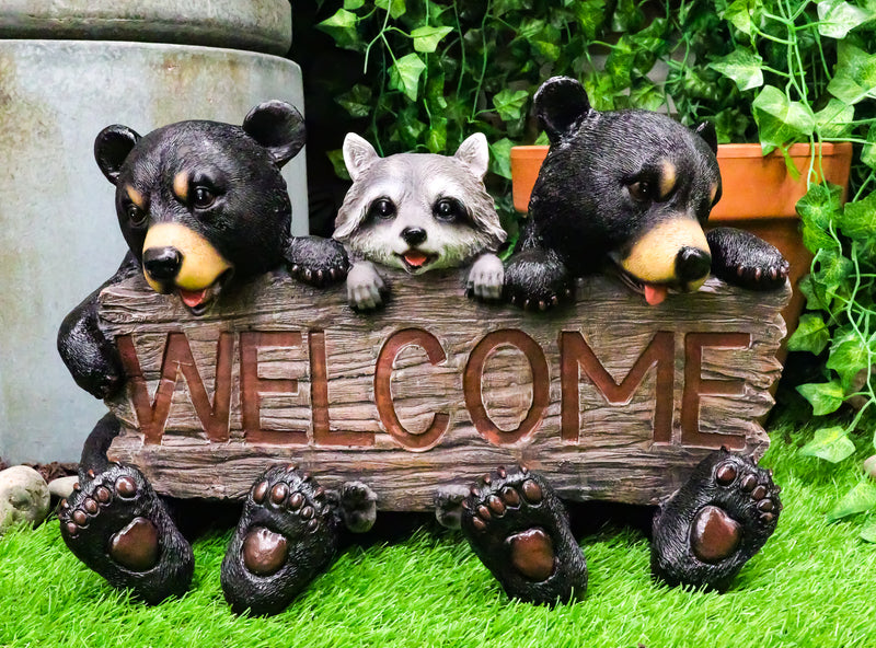 Ebros Forest Pals Welcome Sign Twin Black Bears And Racoon Garden Greeter Statue 16"L