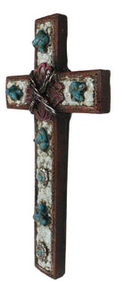 Rustic Western Crackled Turquoise Stones On White Rocks Barbed Wires Wall Cross