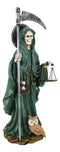 Standing Green Santa Muerte With Scythe Scales of Justice And Wise Owl Figurine