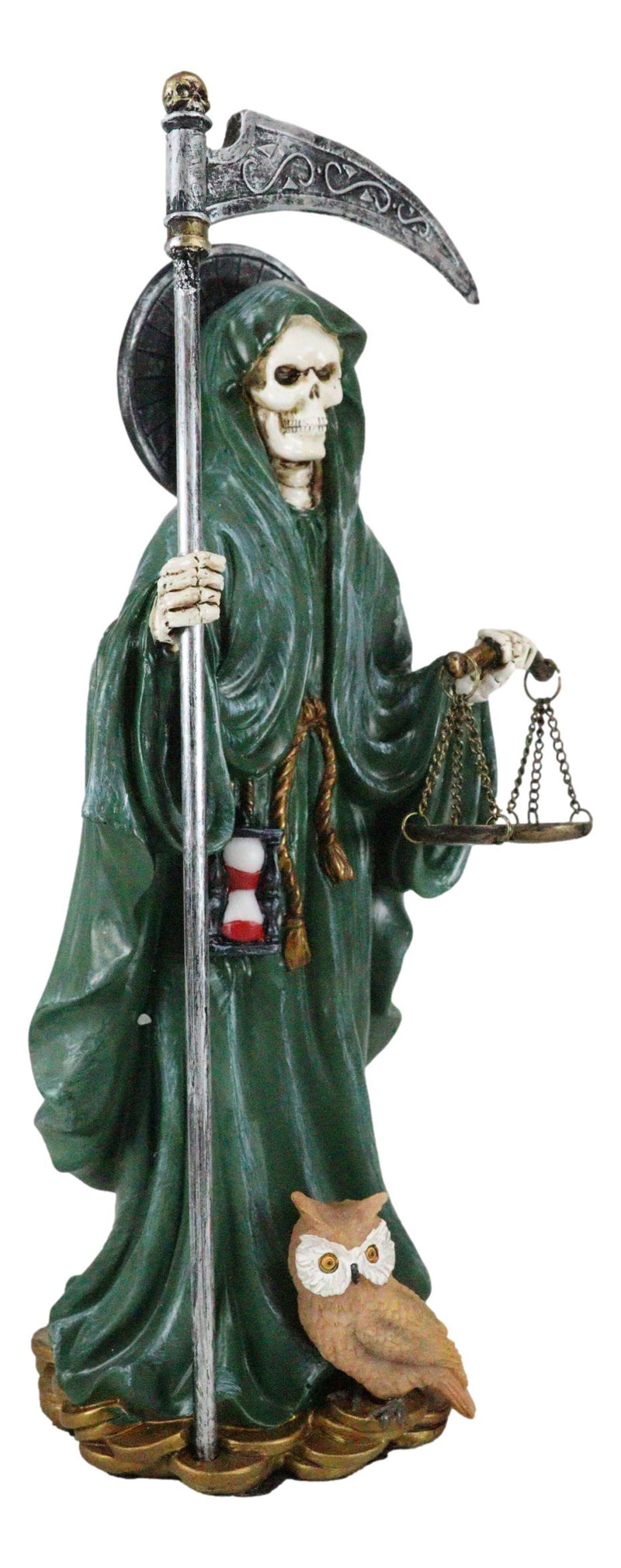 Standing Green Santa Muerte With Scythe Scales of Justice And Wise Owl Figurine