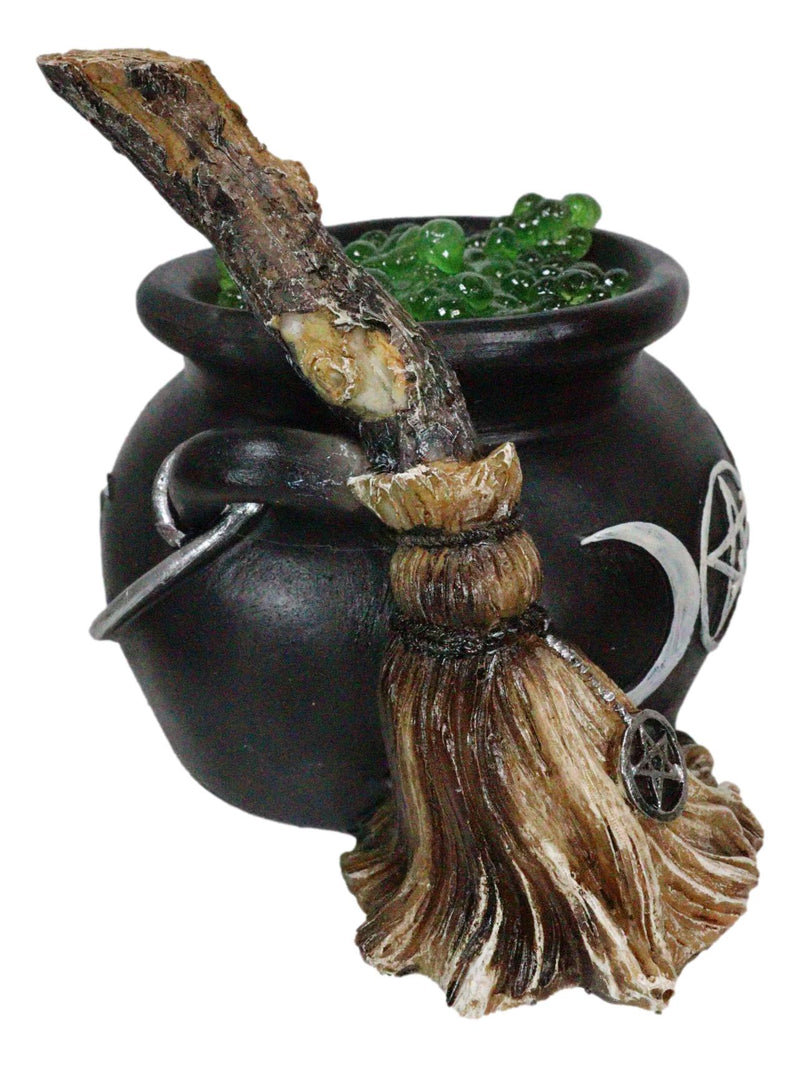 Wicca Triple Moon Goddess Pentagram LED Light Cauldron And Broomstick Figurine