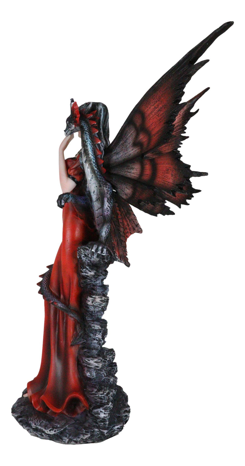 Butterfly Winged Elf Fairy In Red Evening Gown With Midnight Dragon Figurine