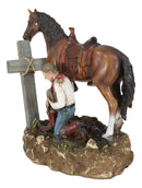 Rustic Western Cowboy By Brown Horse Praying At The Foot Of The Cross Figurine