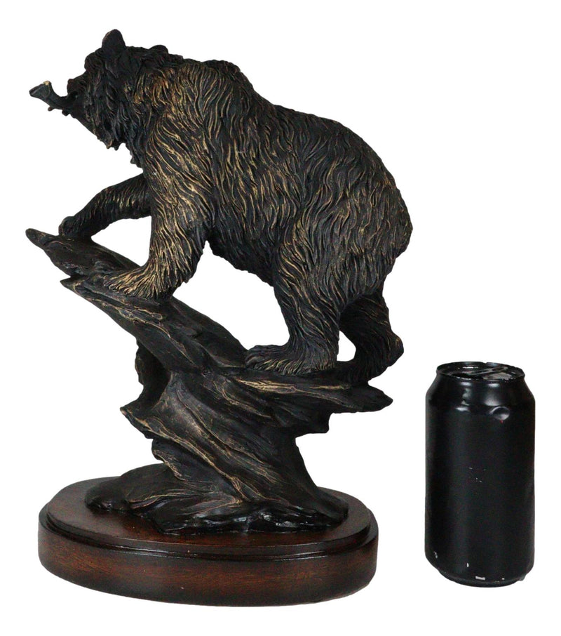 Ebros Gift Black Bear Figurine Biting Fish Climbing Rocky Hills 13.25" H