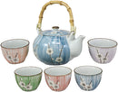 Ebros Japanese Sakura White Cherry Blossom Tea Set Ceramic Pot and Cups Set of 5