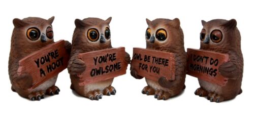 Forest Wisdom Great Horned Owl Holding Signs Figurine Set 3.5"H Four Funny Owls