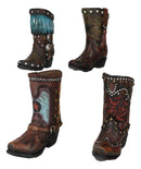 Set of 4 Western Cowboy Turquoise Tooled Leather Boots Make Up Tools Pen Holder