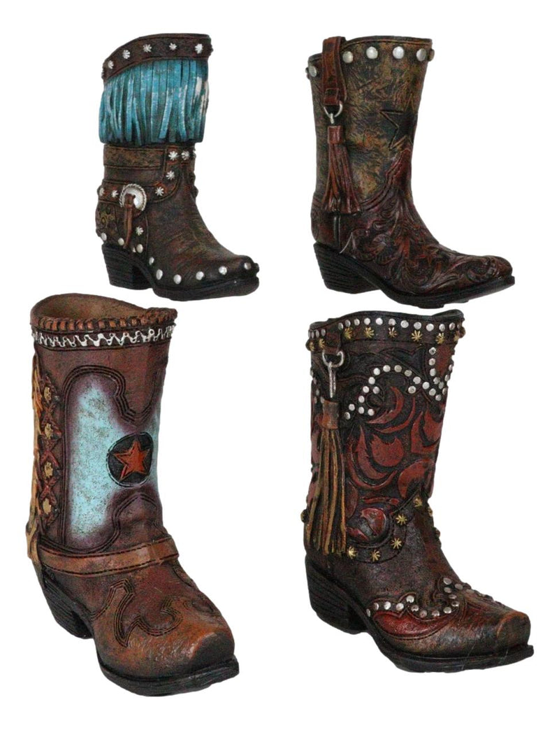 Set of 4 Western Cowboy Turquoise Tooled Leather Boots Make Up Tools Pen Holder