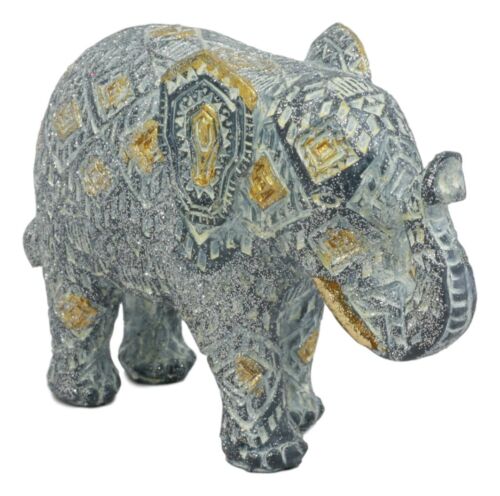 Ebros Silver and Gold Patterned Elephant Statue 5.25" Long Feng Shui Elephant Figurine Symbol of Wisdom Fortune and Protection (Calf Elephant)